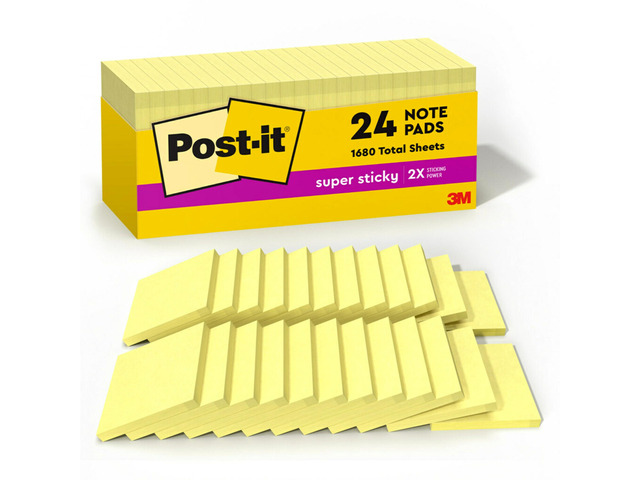 Super Sticky Notes, 24 Pads, 3 x 3 in., School Supplies, Office Products, for Vertical Surfaces, Monitors, Walls and Windows, Canary Yellow