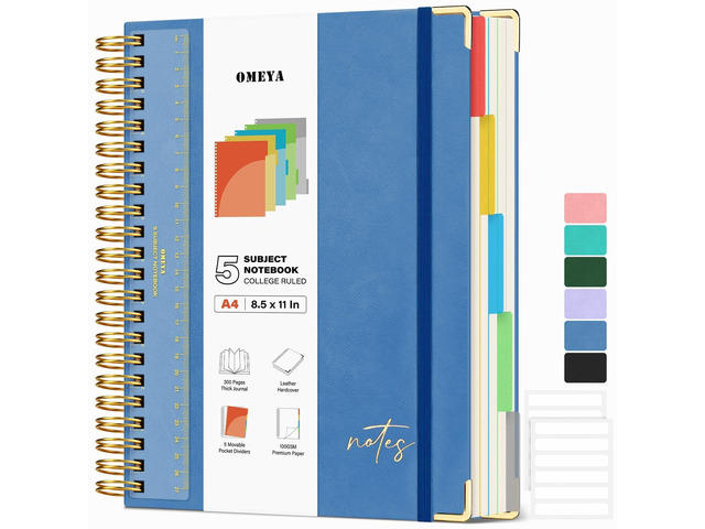 Hardcover Spiral Notebook 8.5' x 11': 5 Subject Notebooks College Ruled Pocket Dividers & Ruler, Leather, 300 Pages 100GSM Thick Writing Journal...