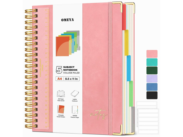 Hardcover Spiral Notebook 8.5' x 11': 5 Subject Notebooks College Ruled Pocket Dividers & Ruler, Leather, 300 Pages 100GSM Thick Writing Journal...