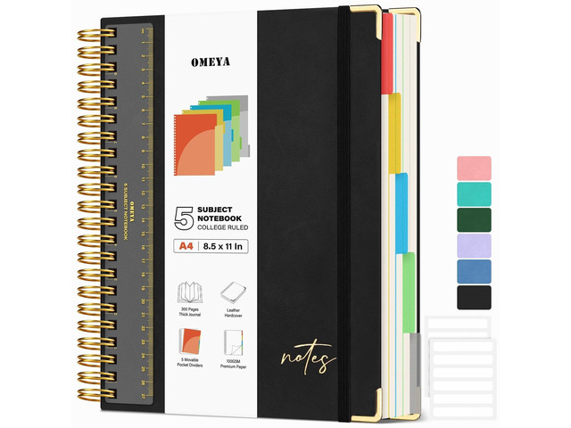 Hardcover Spiral Notebook 8.5' x 11': 5 Subject Notebooks College Ruled Pocket Dividers & Ruler, Leather, 300 Pages 100GSM Thick Writing Journal...