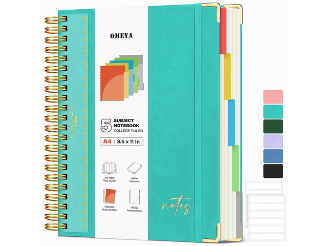 Hardcover Spiral Notebook 8.5' x 11': 5 Subject Notebooks College Ruled Pocket Dividers & Ruler, Leather, 300 Pages 100GSM Thick Writing Journal...