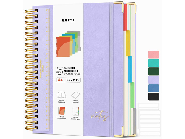 Hardcover Spiral Notebook 8.5' x 11': 5 Subject Notebooks College Ruled Pocket Dividers & Ruler, Leather, 300 Pages 100GSM Thick Writing Journal...