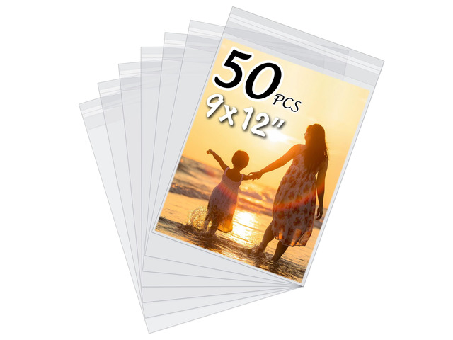 50 Pack Acid-Free Crystal Clear Sleeves Storage Bags for 9x12 Art Prints Pictures,Photos,Framing Mat Mattes (Bag Size: 9 3/8'x12 2/5')