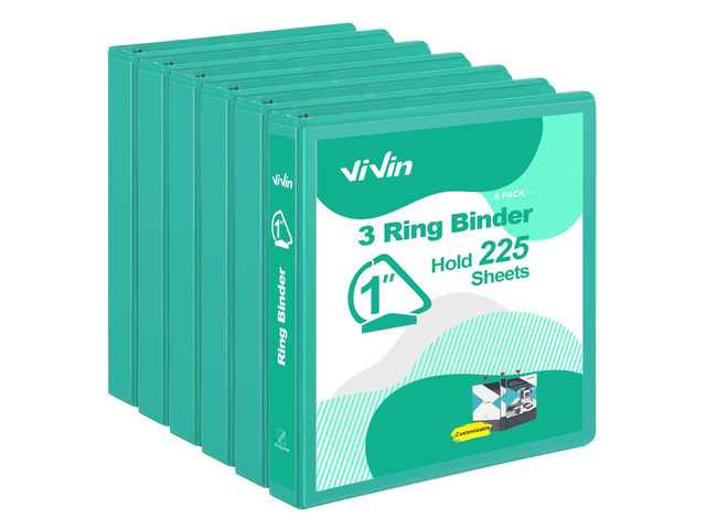 Sturdy 1 Inch D Ring Binders with 2 Pockets, 6 Pack, Lake Green 3 Ring Binders with Clear View Cover, Hold 225 Sheets of US Letter Size Paper,...
