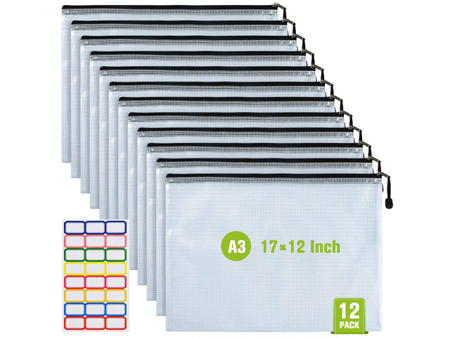 12PCS Mesh Zipper Pouch Bags: A3 Clear Zipper Pouches for Classroom, Black 17 x 12 Inch Plastic Mesh Bag for Board Game Puzzles Storage, Waterproof...