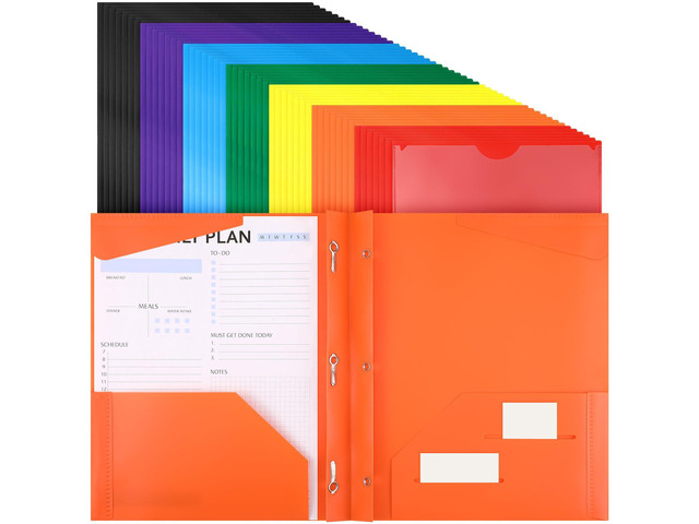 48 Plastic Folders with 3 Prongs Bulk, Light Colors Heavy Duty Folders with Clear Front Pockets and Card Slots Folder with Fasteners Fit...