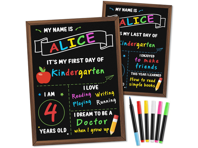 First Day of School Sign, 14 x 10.4 Inch Double Sided Reusable Back to School Chalkboard with Wooden Frame & 6 Chalk Markers, First & Last Day...