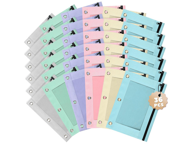 Pencil Pouch for 3 Ring Binder 36 Pack, Pastel Binder Pen Bags Bulk with Zipper, Aesthetic 3 Holes Pencil Pouches Organizer for Boy Girl Kids...