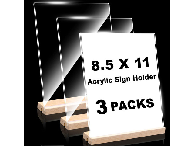 Acrylic Sign Holder 8.5x11 with Wood Base 3 Packs Acrylic Sign Display Stand, 2 in 1 Vertical or Slant Clear Tabletop Flyer Menu Holder, Plastic...