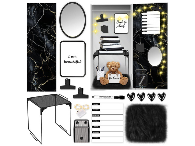 Black Locker Accessories Kit with Locker Magnetic Wallpaper Magnetic Shelf Whiteboard Mirror Rug Pen Holder Clips Planner School Locker Accessories...