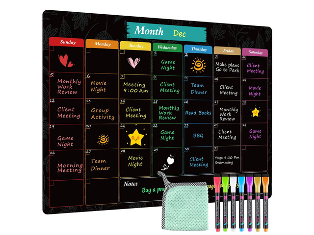 Magnetic Calendar for Fridge, 16' X 12' Black Monthly Chalkboard Strong Magnetic Backing, Easy to Write and Clean, Dry Erase Surface and Stain...