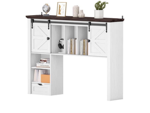 Large Desktop Bookshelf, 47.2''W Desk Shelf with Sliding Barn Door, Desktop Organizer Storage Rack with 7 Cubbies and Drawer, Desk Shelf for...