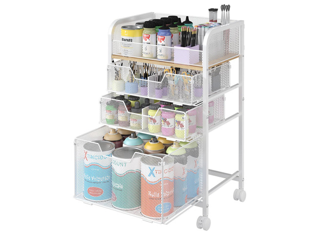 4-Tier Rolling Utility Cart with 3 Drawers-White Craft Organizers and Storage with DIY Dividers, Under Desk Cart with Lockable Wheels, Craft Cart...