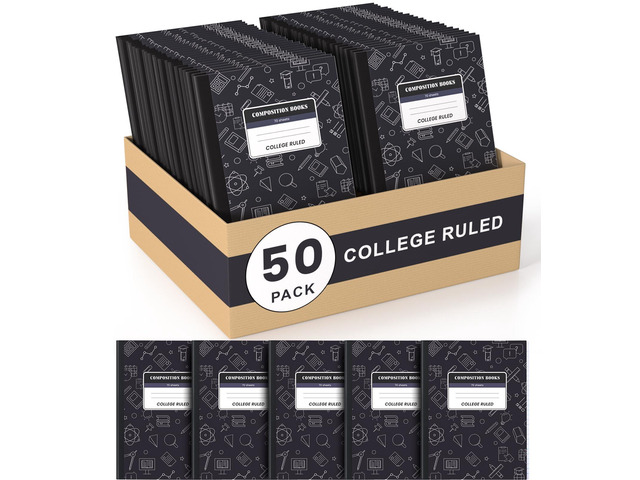 Composition Notebook 50 Pack Bulk College Ruled, Black Cover Notebooks for School, 70 Sheets 7-1/2'x9-3/4, Back to School Supplies Journal for K-12...