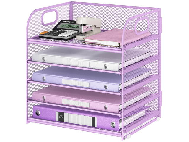 Desk Letter Tray Paper Organizer, 5-Tier with Handle Metal Mesh Desktop File Organizer Paper Holder for Classroom Office Desk Accessories- Purple