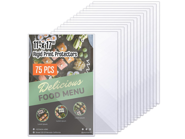 75 Pcs 11' x 17' Rigid Print Protectors, Heavy Duty Hard Plastic Sheet Page Protectors Crystal Menu Holder Clear Poster Sleeve Top Loading Frame...