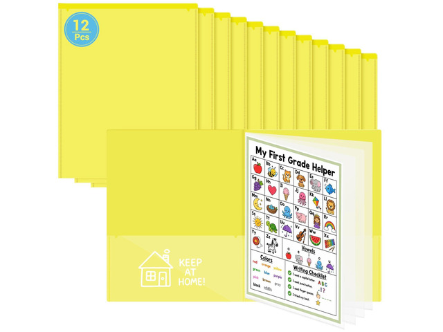 12 Pcs Take Home Folders for Elementary Students,Homework Folders Yellow,11.81 x 9.45 In,Back to School 2 Pocket Folders,Parent Teacher...