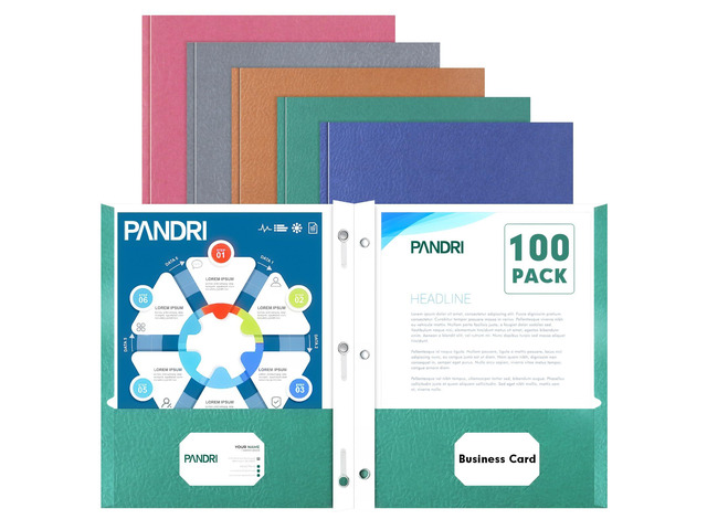 100 Pack Two Pocket Paper Folders with Prongs, Letter Size, 5 Colors 3 Prong Folders with Pockets, Paper, 3 Hole Punched, For School, Office, Home,...