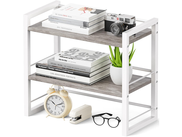Office Desk Shelf Organizer, Wood Desktop Bookshelf Supplies Storage Rack, Shelf for Top of Desk and Dresser (Grey-2 Tier)
