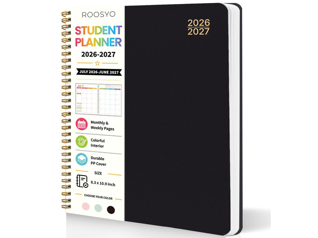 Student Planner 2026-2027, 8.3' x 10.9', Black Spiral Bound Student Organizer, Jul. 2026 - Jun. 2027, Color Interior Weekly Monthly Academic Planner