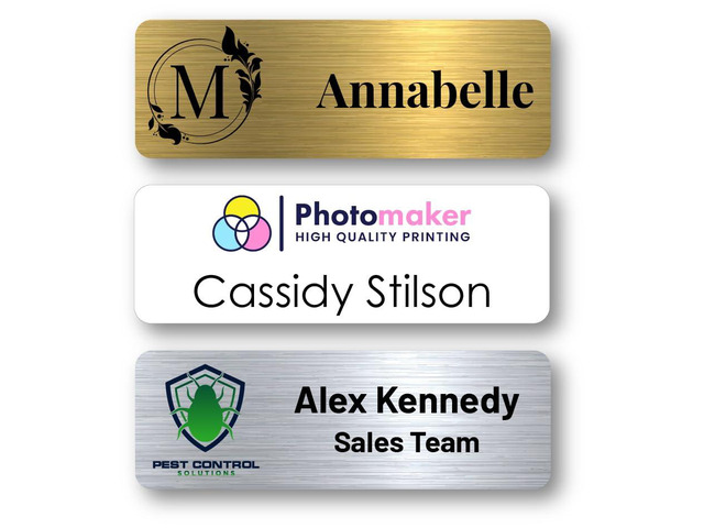 Custom Metal Name Tags with Full Color Logo Printing (White, 1.5 x 3') Scratch Resistant Printed Finish, Personalized Employee Badge for Hotels,...