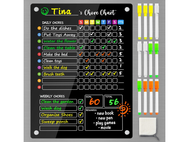 Black Acrylic Magnetic Chore Chart for Kids, 12x16 Inch, 1 Pack Large Clear Dry Erase Fridge Reward Board for Multiple Kids and Teens; Embedded...