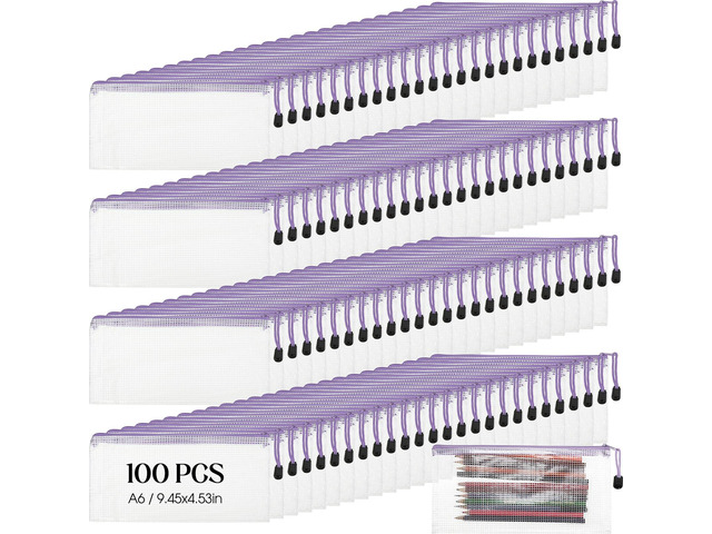 100Pcs Mesh Pencil Pouch,White Pouch Purple Zipper,A6 Small Zipper Pencil Pouches Bulk, Waterproof Clear Storage Bag, Multipurpose for Cash Board...