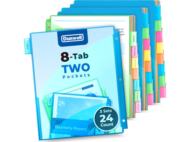2-Pocket 8-Tab Dividers for 3-Ring Binders, 3 Sets, 24 Counts 8 Insertable Tabs, 5 Assorted Colors, Pocket Binder Dividers, Tear-Resistant...