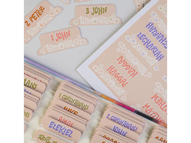 Laminated Bible Tabs for Kids, Teens and Women (Groovy) Large Print Bible Book Tabs, Bible Study Journaling Supplies, 66 Personalized Scripture...