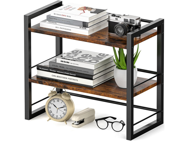 Office Desk Shelf Organizer, Wood Desktop Bookshelf Supplies Storage Rack, Shelf for Top of Desk and Dresser (Brown-2 Tier)