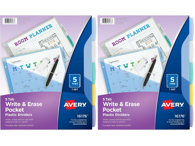 16176 Write & Erase Big Tab Plastic Dividers w/Slash Pocket, 5-Tab, Letter (Pack of 2)