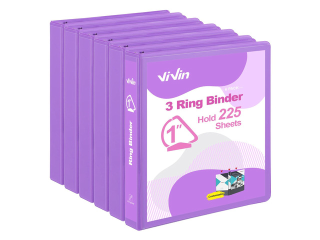 Sturdy 1 Inch D Ring Binders with 2 Pockets, 6 Pack, Purple 3 Ring Binders with Clear View Cover, Hold 225 Sheets of US Letter Size Paper, PVC-Free...