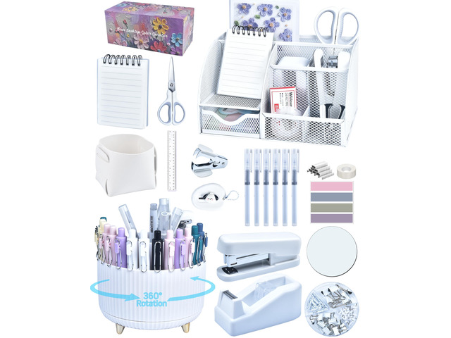 White Desk Accessories and Organizers with Desk Organizer and 360°Rotating Pen Holder stapler Pen and a Lot of Office White Office Supplies...