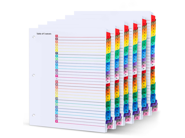 Tab Dividers for 3 Ring Binders 6 Sets, 131 Numbered Index Dividers with Table of Contents 8.5 x 11 in, 3-Hole Punched Binder Dividers for...