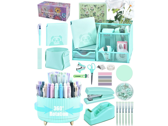 Green Desk Accessories and Organizers with Desk Organizer and 360Â°Rotating Pen Holder stapler Pen and a Lot of Office Green Office Supplies...