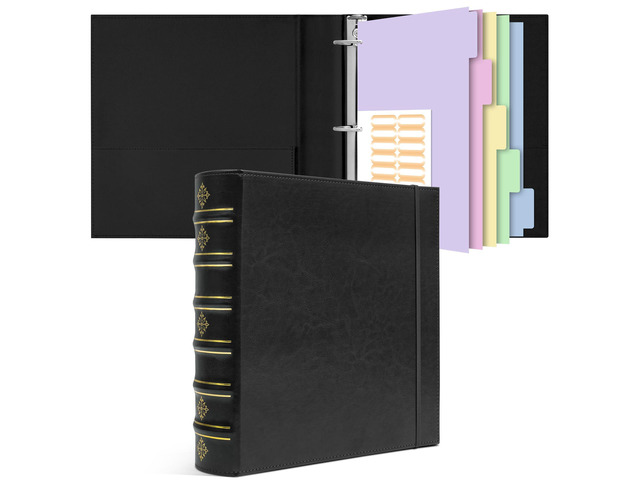 Vintage Leather 3 Ring Binder 2 Inch, D Ring Binder with Pockets and 5 Tab Dividers, Hardback Book Style Document Organizer Fits Letter Size for...