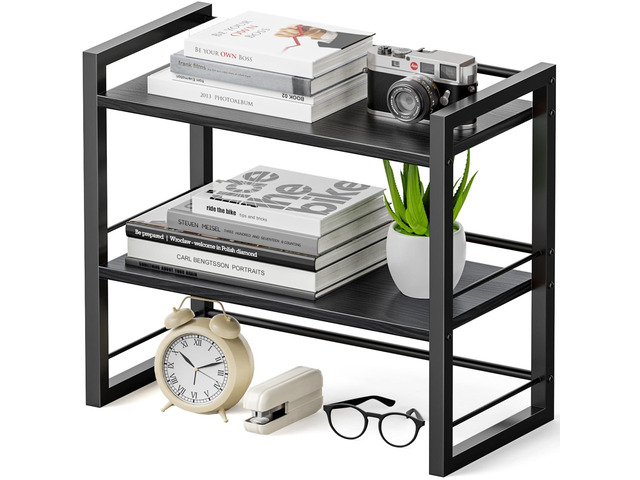 Office Desk Shelf Organizer, Wood Desktop Bookshelf Supplies Storage Rack, Shelf for Top of Desk and Dresser (Pure Black-2 Tier)