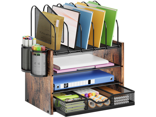 Desk organizer with Drawer, 4-Tier Wooden File Organizer with 5 Vertical File Holders and 2 Pen Holders, Desk Organizers and Accessories for Home...