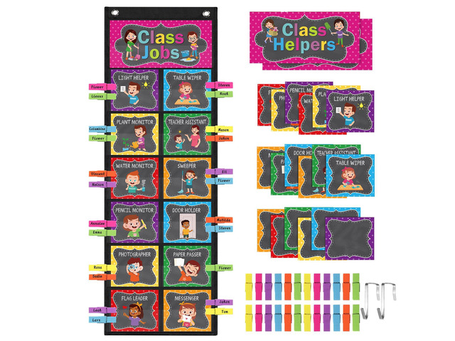 Class Jobs Pocket Chart Chalkboard Bright Class Helpers Pocket Chart Classroom Jobs Chart with Cards Clips Hooks, Teacher Helper Bulletin Board...