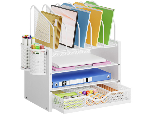 Desk organizer with Drawer, 4-Tier Wooden File Organizer with 5 Vertical File Holders and 2 Pen Holders, Desk Organizers and Accessories for Home...