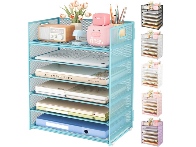 6 Tier Office File Paper Desk Tray Organizer with Handle, Stackable Slide Mesh Letter Tray Folder Blue Desk Organizer, Desktop Document Sorter for...