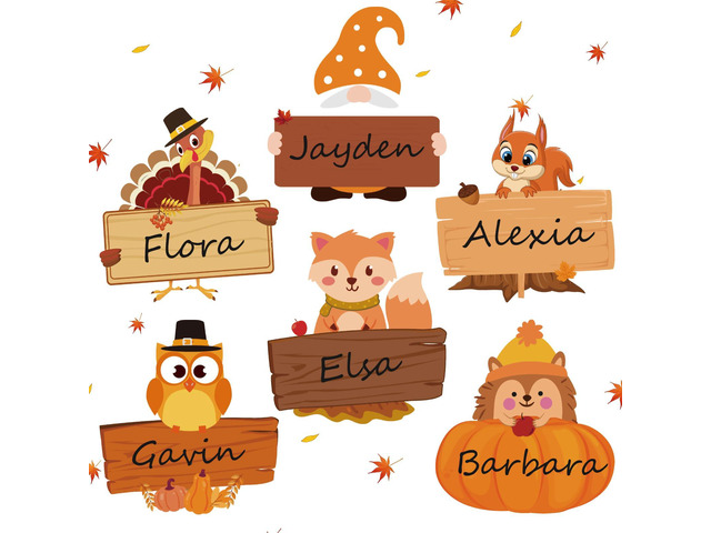 108 Fall Thanksgiving Name Tags, 5.12 x 4.72 Inch Self Adhesive Labels Turkey and Pumpkin Artwork, Classroom Decor, Desk Identification, Food...