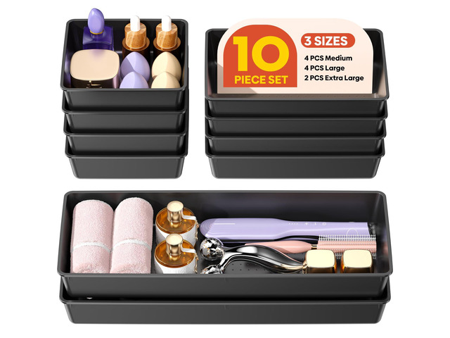 10 Pack Large Size Plastic Drawer Organizers Set, 3 Sizes Desk Drawer Organizer Trays, Storage Bins for Vanity, Makeup, Bathroom, Kitchen Utensils...