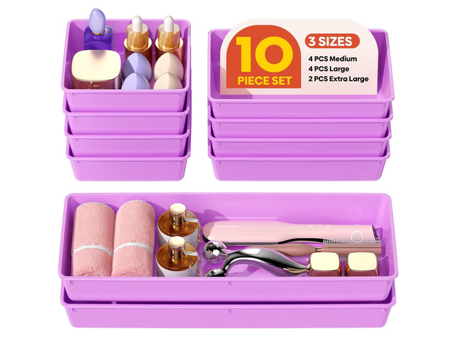 10 Pack Large Size Plastic Drawer Organizers Set, 3 Sizes Desk Drawer Organizer Trays, Storage Bins for Vanity, Makeup, Bathroom, Kitchen Utensils...