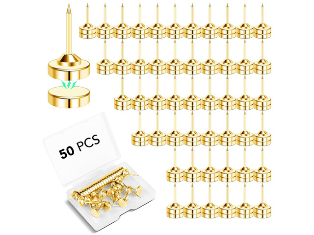 Magnetic Push Pins, Gold Magnet Thumbtack, 50 Sets Flat Push Pin, Magnetic Thumbtacks for Wall Bulletin Board Poster and Photo Hangers
