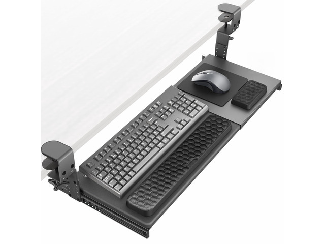 Black Clamp-on 23 to 30 x 11' Adjustable Keyboard Tray, Mount-KBST1 Height & Width Adjustment, Keyboard Platform for Typing, Slide Out Desk Drawer,...