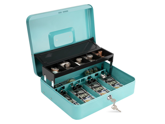 Cash Box with Key Lock & Auto-Pop Coin Tray Secure Steel Money Box with 4 Upgraded Finger-Safe Bill Clips, Premium Smooth Scratch-Resistant...