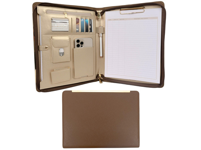 Brown Vegan Leather Padfolio Zippered Work Organizer Binder with Gold Trim Professional Document Case 8.5 x 11 for Women