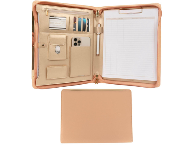 Peach Beige Vegan Leather Portfolio Binder for Women Zipper Portfolio Binder with Gold Trim Professional Business Portfolio with Zipper for 8.5...