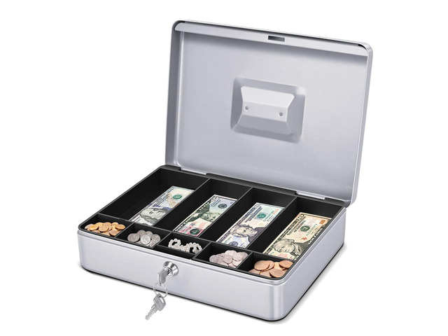 Small Cash Box with Money Tray and Lock, 11.4-Inch, Silver Portable Metal Money Box for Petty Cash with Removable 9-Compartment Tray, 4 Bill Slots,...
